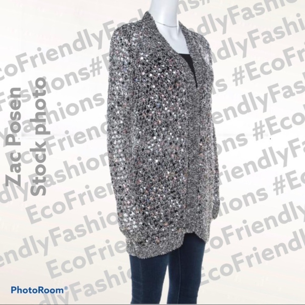 ZAC POSEN Silver Sequin Embellished Knit Sweater
